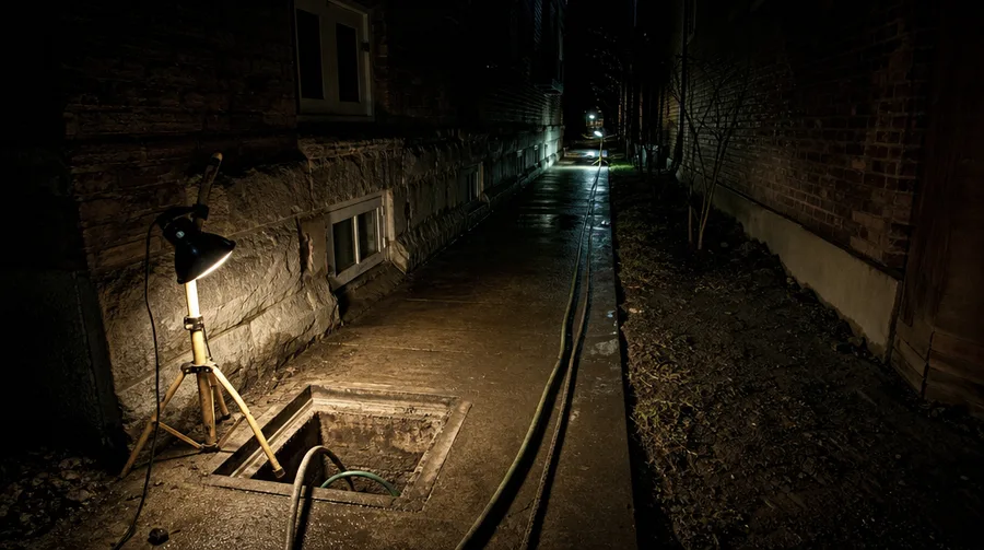 A work lamp beside a single square access pit opened in the concrete walk of a narrow gangway at night, with a hose running from it toward a second lamp at the far end and the concrete between the two left unbroken